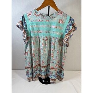 Almost Pink Womens Floral Lace Trim Flutter Sleeve Blouse Turquoise Medium